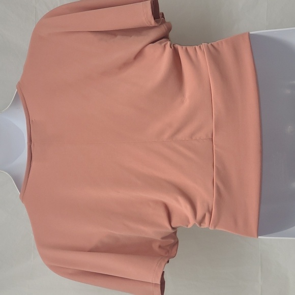 Crop Top Pull Over short sleeve Pink Cinch Front Deep V Neck Stretchy NEW - Picture 4 of 8